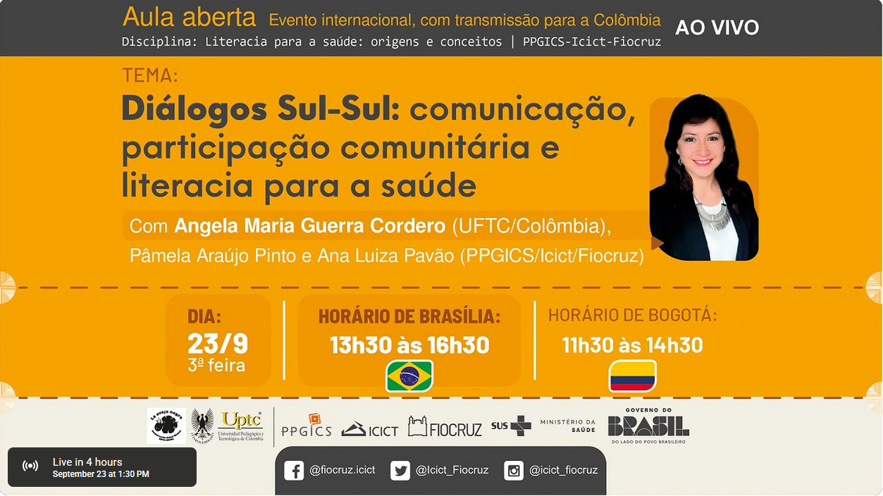 Imagem de divulgação da aula aberta PPGICS sobre omunicação, participação comunitária e literacia para a saúde.