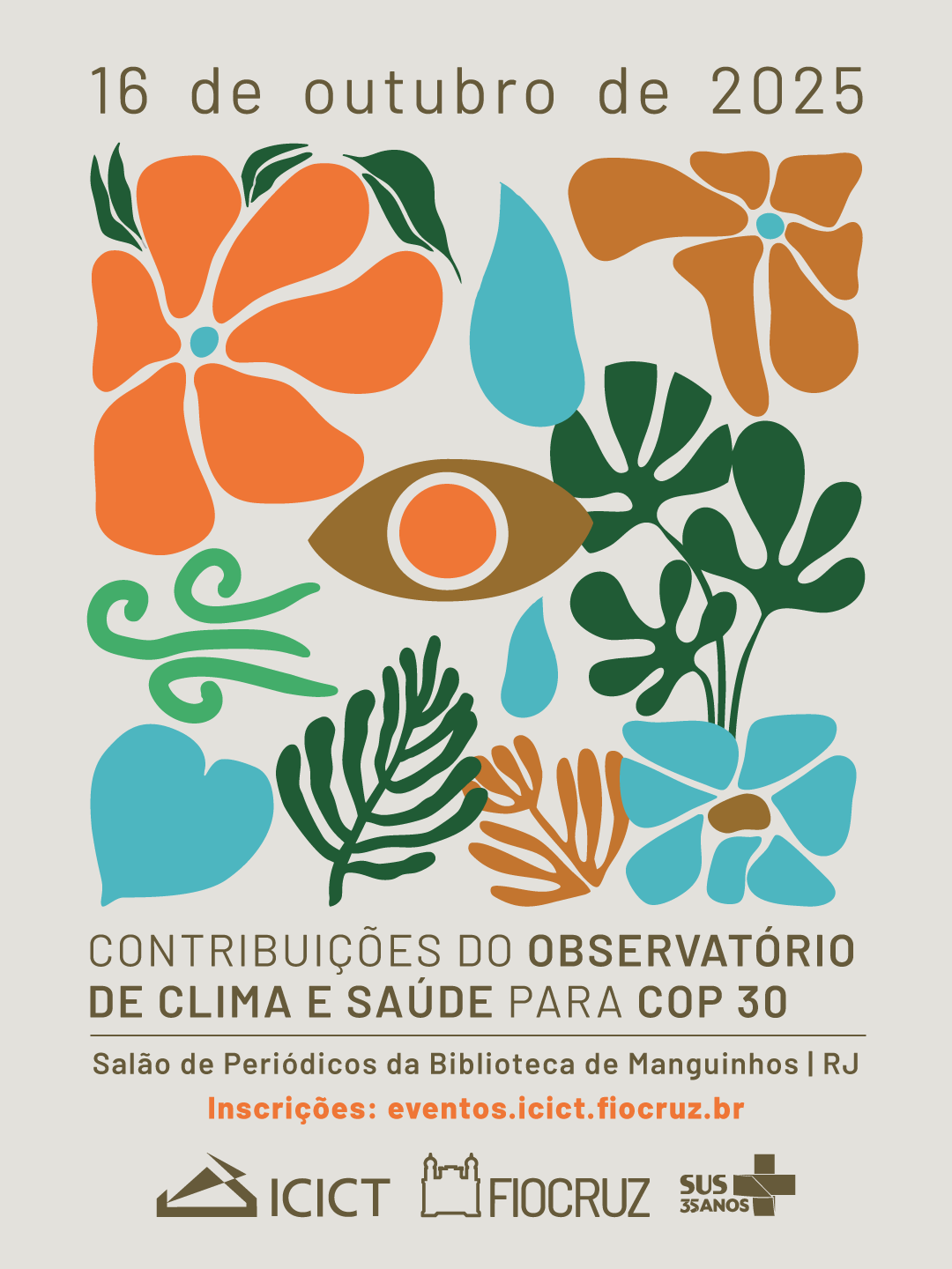 Imagem e divulgação do evento Contribuições do Observatório de Clima e Saúde para a COP30. Arte: Thays Coutinho/Ascom.
