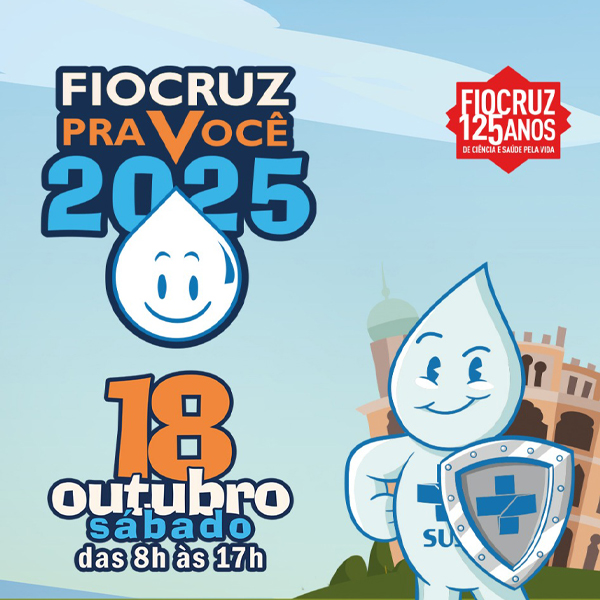 Desenho do Zé Gotinha, em frente ao Castelo Fiocruz, escrito Fiocruz pra Você 2025, em 18/10.