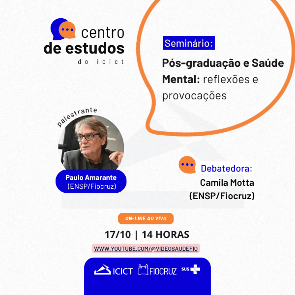 Imagem de divulgação do Centro de Estudos, escrito Pós-Graduação e Saúde Mental: reflexões e provocações (17/10), às 14h.