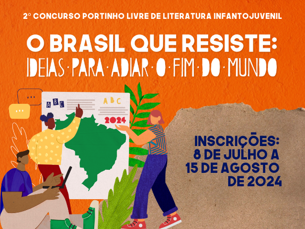 arte com fundo laranja para a chamada do 2º concurso Portinho Livre de Literatura Infantojuvenil