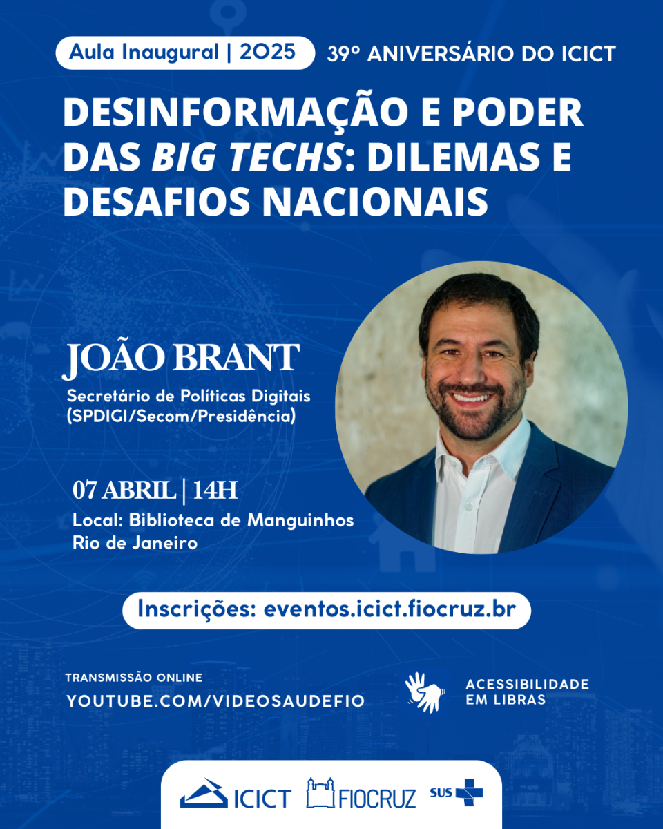 card com fundo azul e letras brancas traz informações da aula inaugural