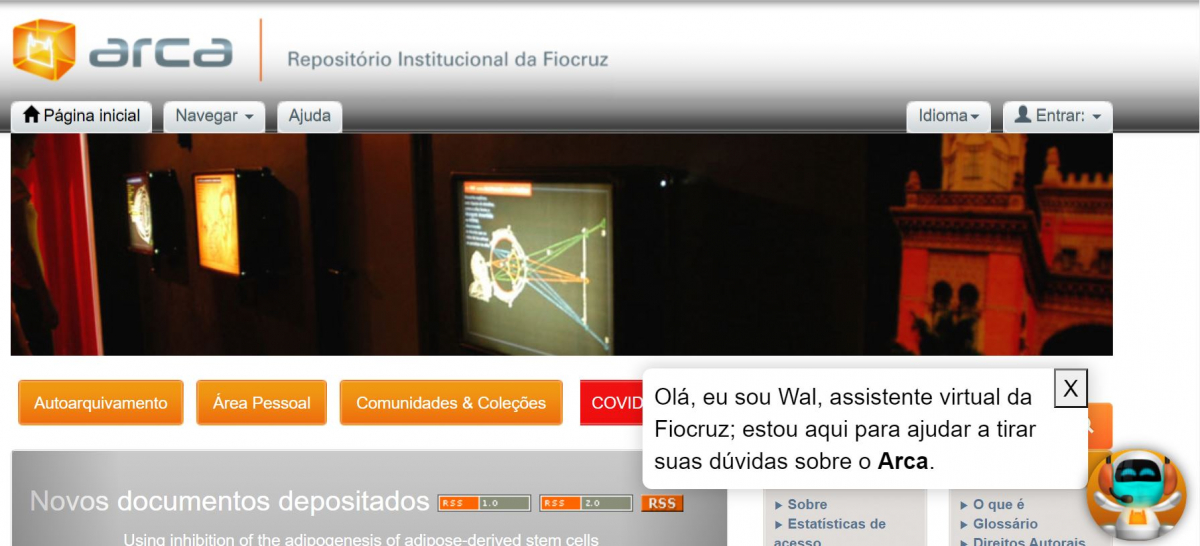 Página inicial do repositório Arca mostra a assistente virtual no canto direito da tela, no rodapé
