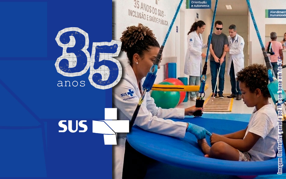 Faixa azul com logo do SUS, escrito 35 anos, com imagens relacioadas a atendimento de pessoas com deficiência