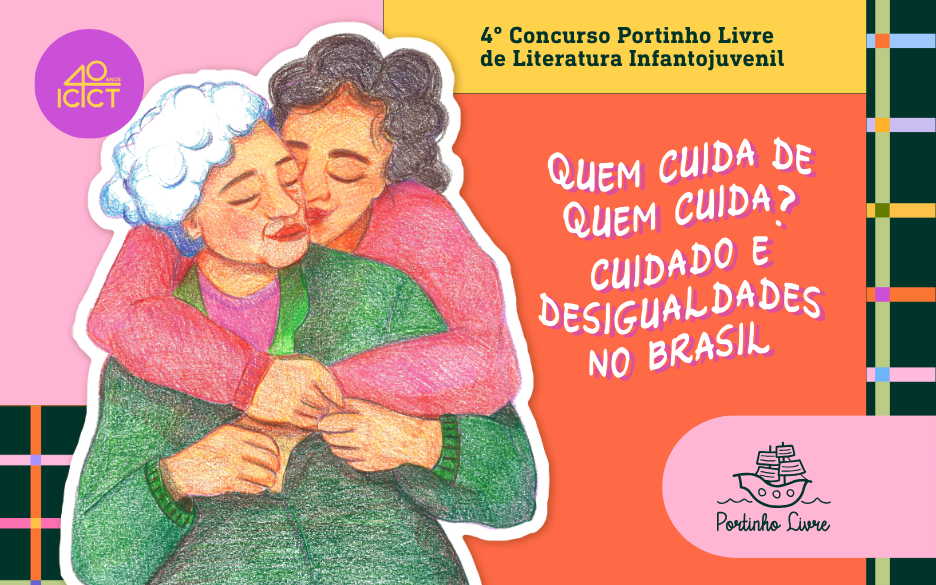 Imagem de divulgação com o nome do 4o Concurso Portinho Livre de Literatura, o tema e uma ilustração com duas pessoas, uma delas idosa