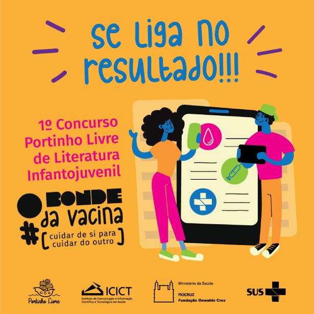 Ilustração de jovens com um tablet, em fundo amarelo, com logo do concurso Portinho Livre.