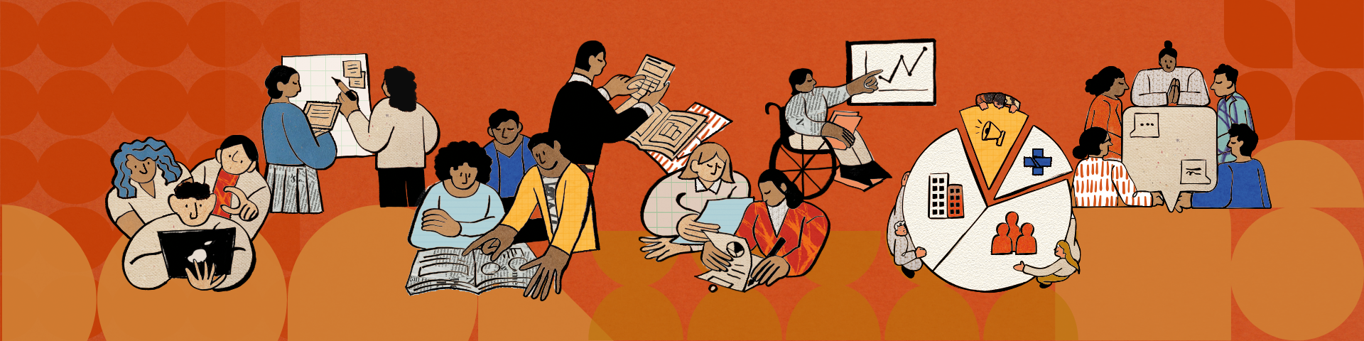 Diferentes grupos de pessoas, com livros, gráficos, conversas e materiais relacionados a ensino. Arte: Thays Coutinho/Ascom.