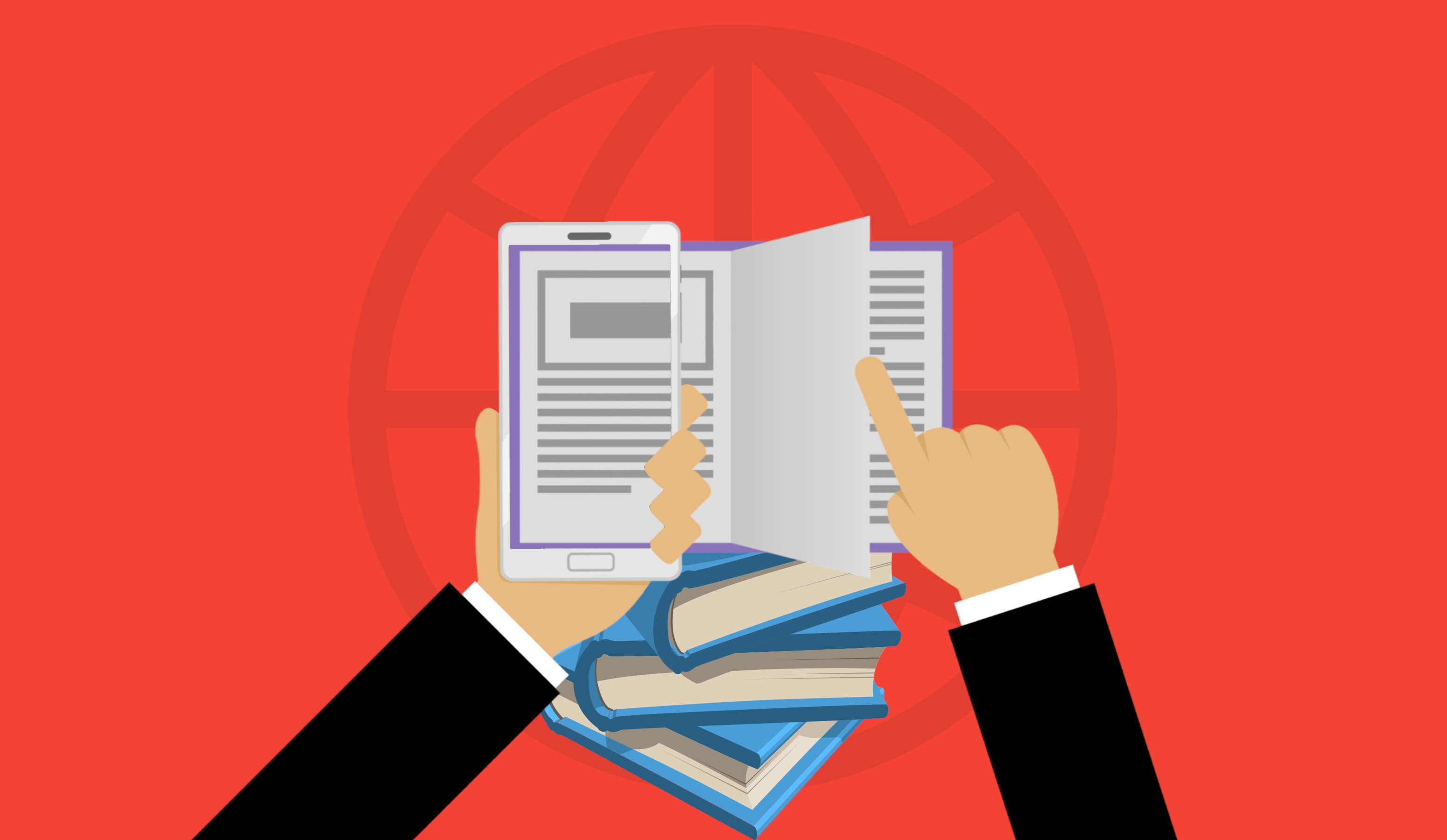 Aulas, cursos e treinamentos na Biblioteca de Manguinhos. Participe! Mão apontando para conteúdo em telefone e livros empilhados, com fundo vermelho.
