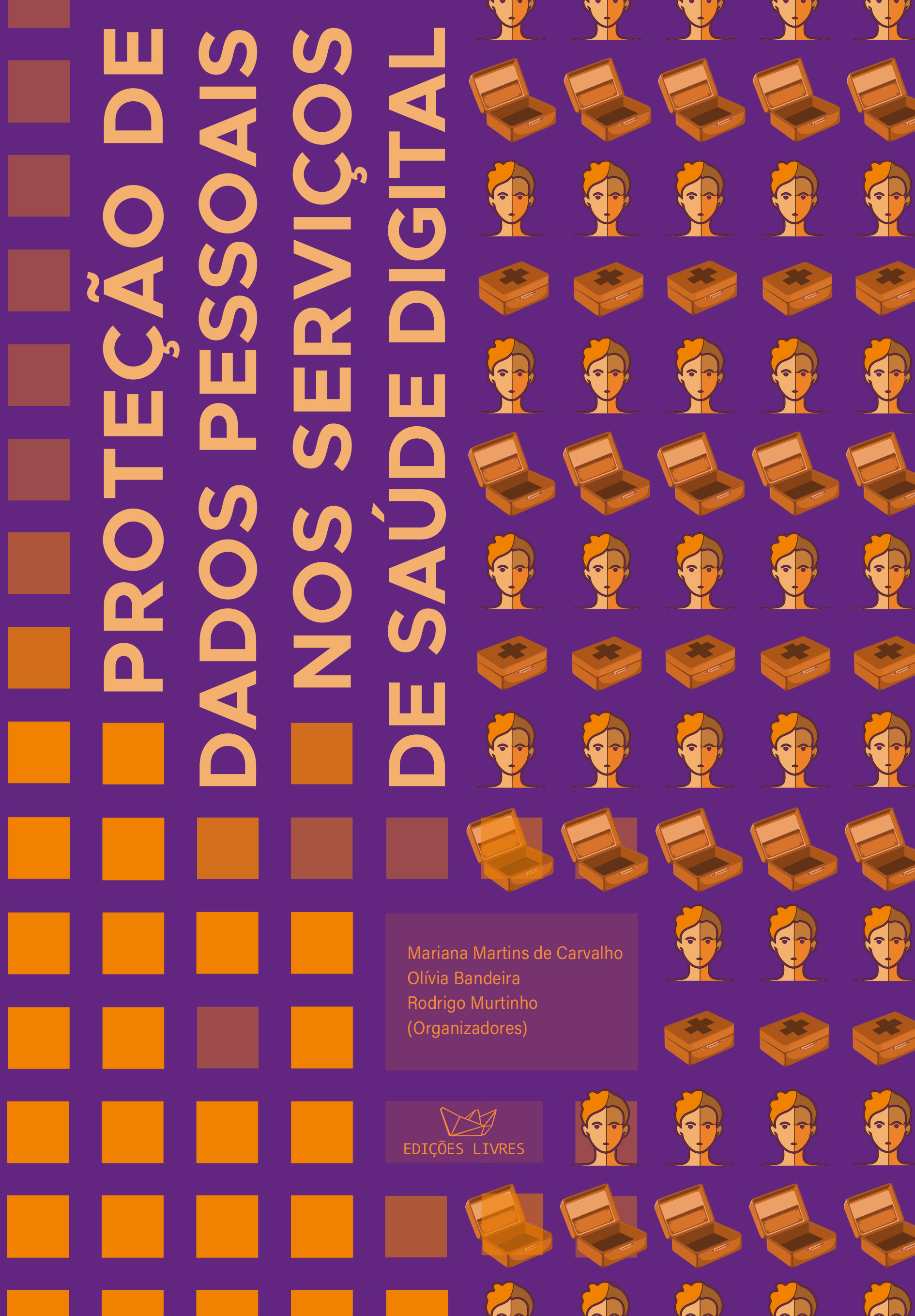 Capa do livro com ilustrações de pessoas, caixas, com referência ao sinal de saúde.
