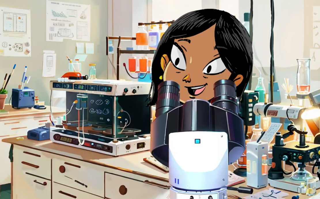 Frame do vídeo, com a animação da menina ao microscópio.