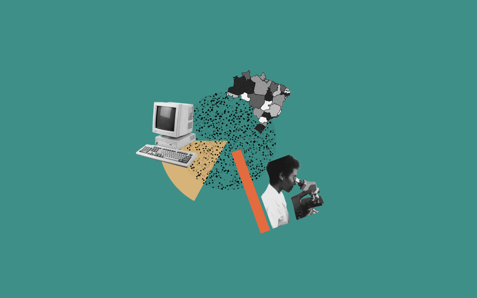 Montagem com imagens em preto e branco e fundo na cor verde com elementos da história dos dados do SUS e suas bases de dados