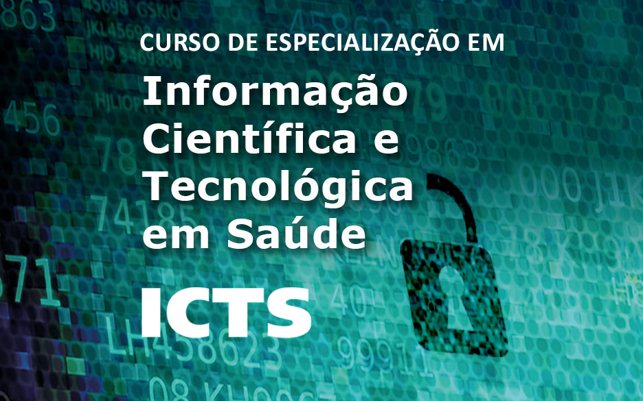 Fundo verde com símbolos de internet, escrito curso de especialização em informação científica e tecnológica em saúde.