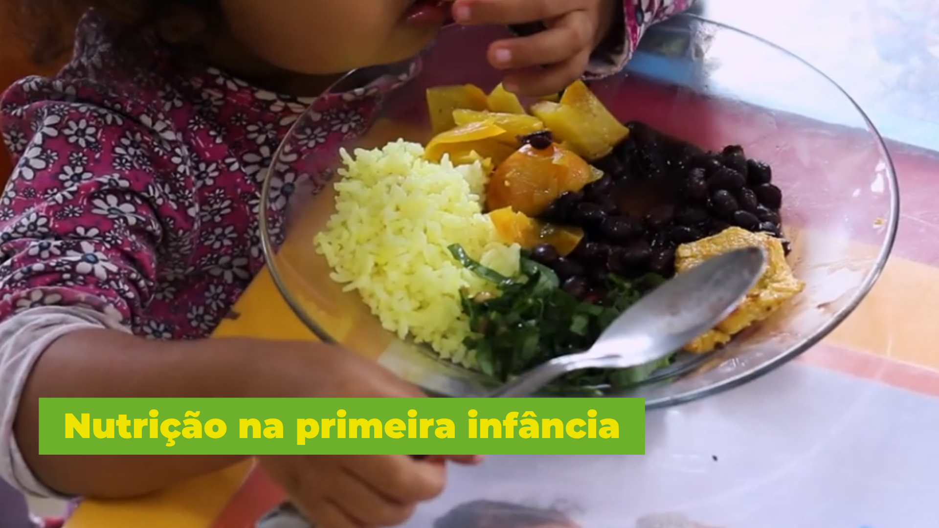 Frame do Vídeo Nutrição na primeira infância, com um prato de comida em foco