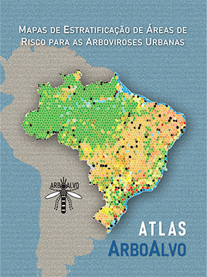 Mapa do Brasil,em fundo azul, com mosquito, escrito Atlas ArboAlvo.