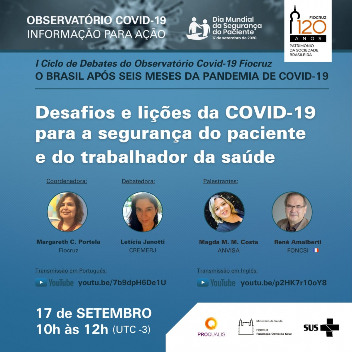 Dia Mundial da Segurança do Paciente: seminário online vai abordar desafios trazidos pela Covid-19, nesta quinta (17)