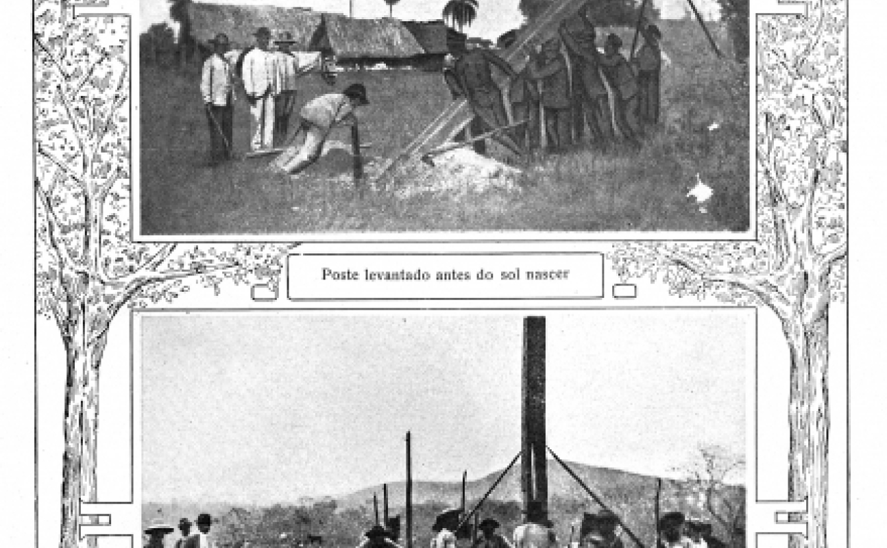 Montagem de postes para linhas telegráficas pela Comissão Rondon. Divulgação/Obras Raras Fiocruz Obras raras: imagens do acervo da Comissão Rondon
