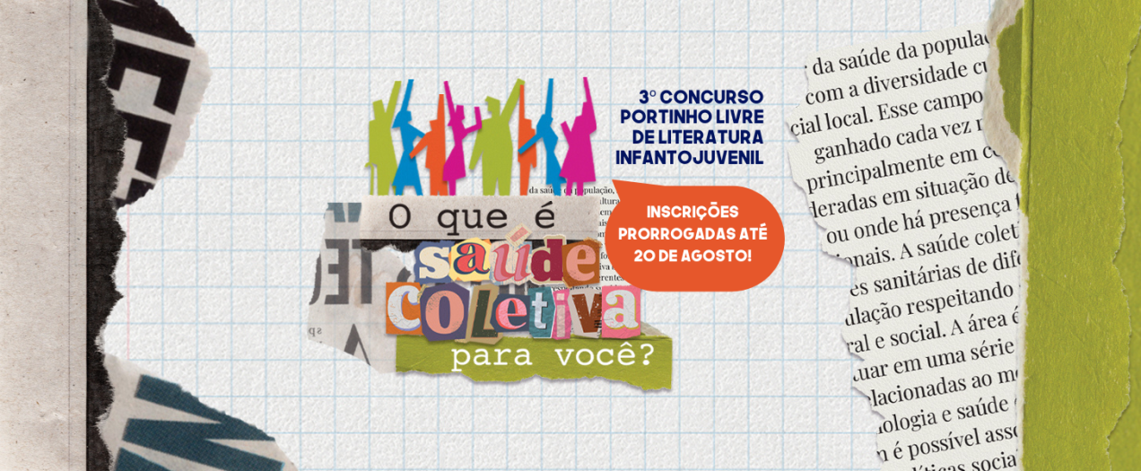 Arte com informações sobre o concurso da Portinho Livre, sobre o que é saúde coletiva. Arte: Thays Coutinho/Ascom.