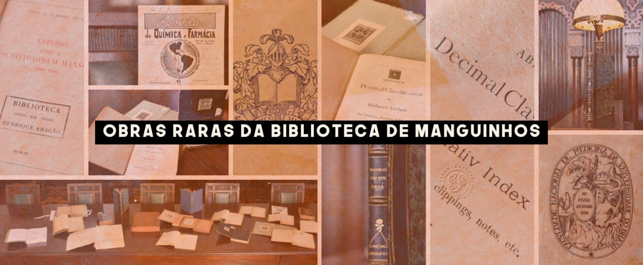 Mosaico de fotos na galeria, com livros do acervo da Seção de Obras Raras da Biblioteca de Manguinhos.