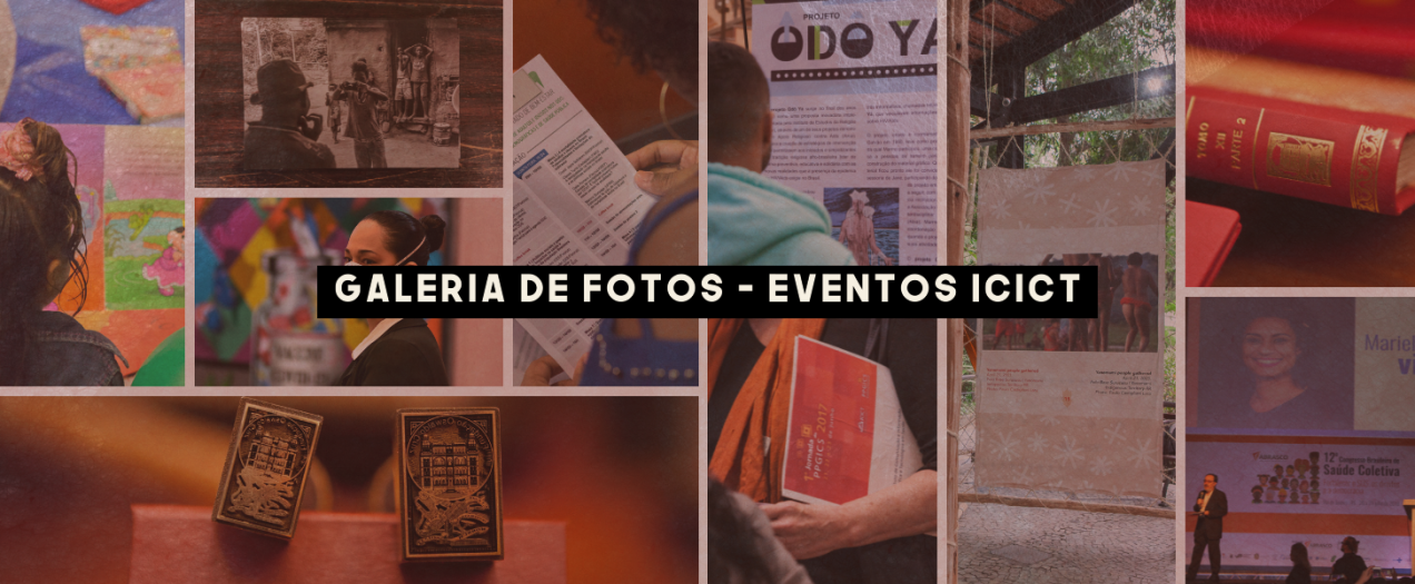 Mosaico de diferentes fotos, escrito 'galeria de fotos - eventos Icict'