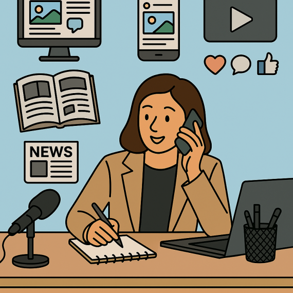 Ilustração de mulher jovem falado ao telefone e anotando, próxima ao microfoco com computador e imagens de computador, jornal e revista ao fundo. Fonte: Gerada por IA