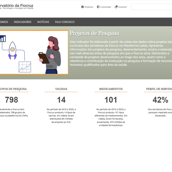 Página inicial do site do Observatório, com com indicação de grupos de pesquisa, vacinas, medicamentos, perfis de servidores e notícias.