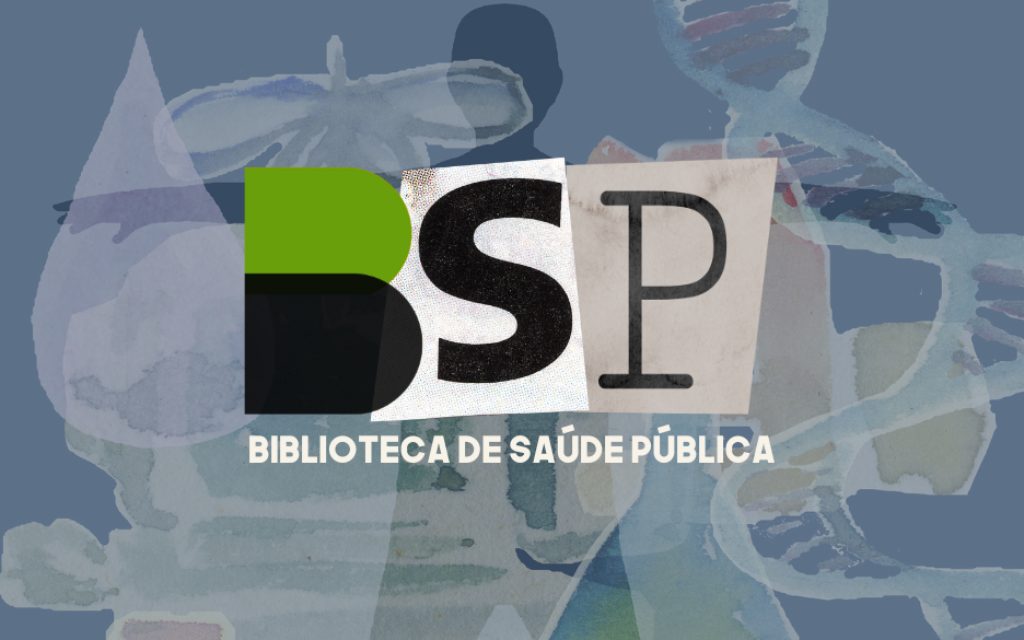 Arte com fundo azulado e desenhos diferentes - de DNA, insetos etc - escrito Biblioteca de Saúde Pública. Arte: Thays Coutinho/Ascom.