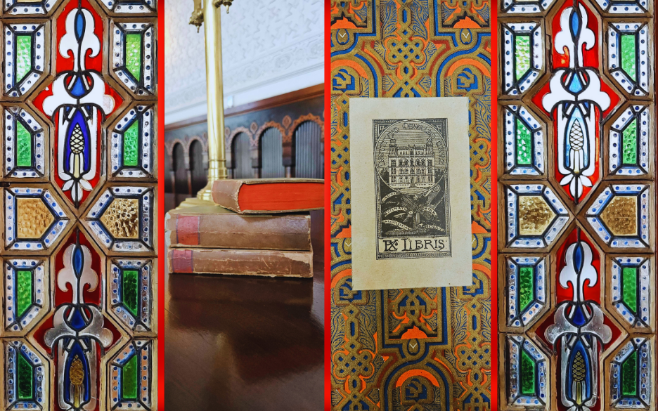 Mosaico com livros, folheto e vitrais da Seção de Obras Raras, da Biblioteca de Manguinhos. Arte: Thays Coutinho/Ascom.
