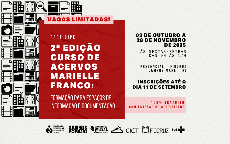 Inscrições abertas para 2ª edição - Curso de Acervos Marielle Franco, até 11/9. Imagem de divulgação do curso de acervos Marielle Franco, com ícones de informação e documentação e dados sobre o curso.