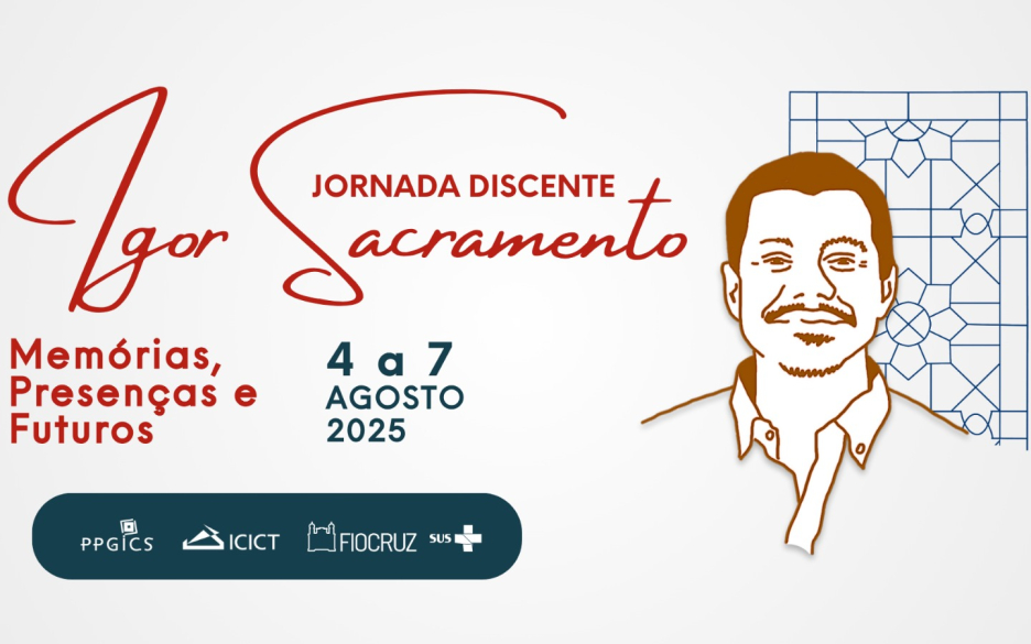 Imagem de fundo claro, com letras em vermelho e azul. Ilustração sobre Igor Sacramento em destaque. Texto Jornada Discente Igor Sacramento - memórias, presenças e futuros, de 4 a 7 de agosto 2025