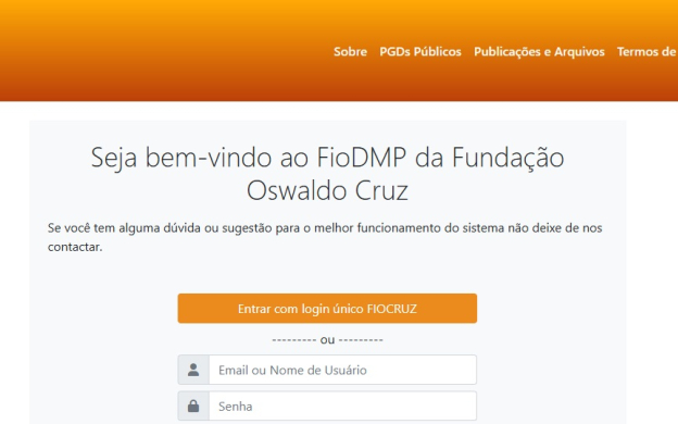 Página inicial do sistema FioDMP com menu horizontal e tela para digitação de senha.