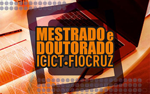 Arte com computador e fundo alaranjado, escrito mestrado e doutorado Icict/Fiocruz. Arte: Vera Fernandes/Ascom.