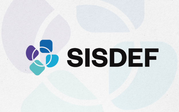 Formas geométricas, escrito Sisdef, com fundo cinza.