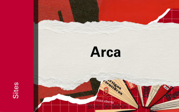 Imagem de divulgação do site do repositório Arca, com fundo vermelho, com ilustração e etiqueta Sites