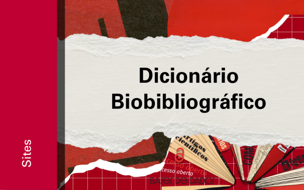 Imagem de divulgação do Dicionário Biobibliográfico, com fundo vermelho, com ilustração e etiqueta Sites