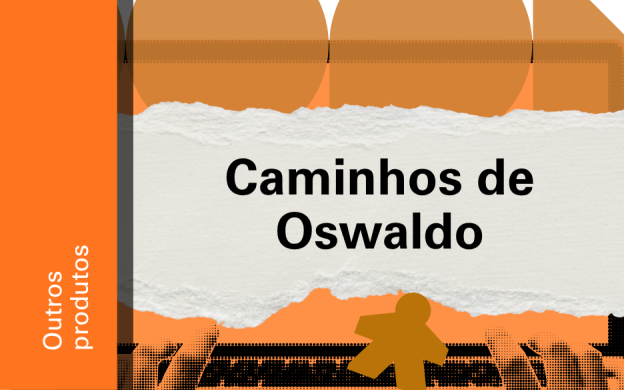 Imagem de divulgação do jogo Caminhos de Oswaldo, com fundo laranja, com ilustração e etiqueta Outros Produtos