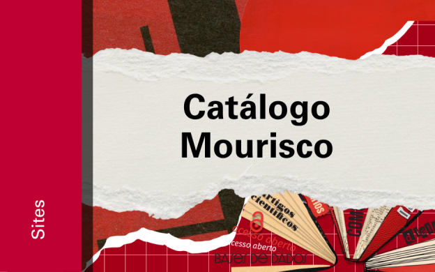 Imagem de divulgação do Catálogo Mourisco, com fundo vermelho, com ilustração e etiqueta Sites