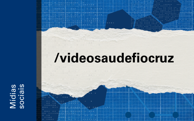 Imagem de divulgação do perfil da VideoSaúde no Facebook, com fundo azul, com ilustração e etiqueta Mídias Sociais