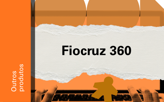 Imagem de divulgação do projeto Fiocruz360, com fundo laranja, com ilustração e etiqueta Outros Produtos