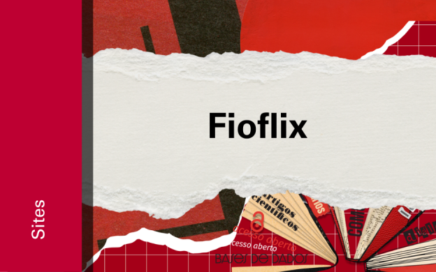 Imagem de divulgação da plataforma Fioflix, com fundo vermelho, com ilustração e etiqueta Sites