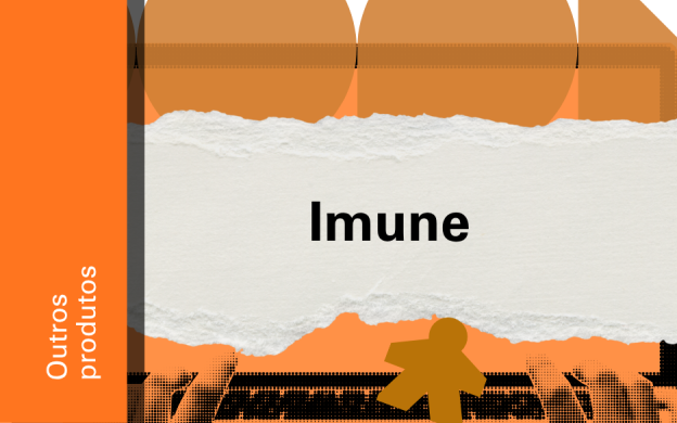 Imagem de divulgação do jogo Inune, com fundo laranja, com ilustração e etiqueta Outros Produtos