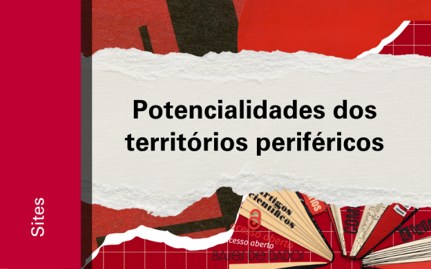 Imagem de divulgação do site do mapa de potencialidades, com fundo vermelho, com ilustração e etiqueta Sites