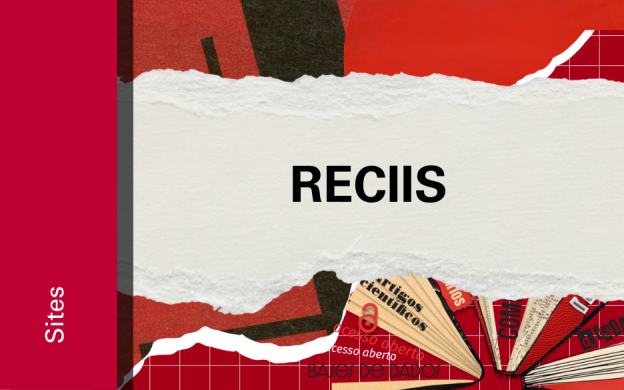 Imagem de divulgação do site da revista Reciis, com fundo vermelho, com ilustração e etiqueta Sites