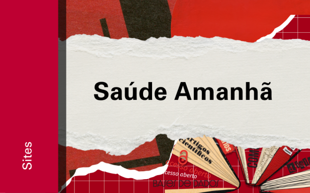 Imagem de divulgação do site Saúde Amanhã, com fundo vermelho, com ilustração e etiqueta Sites