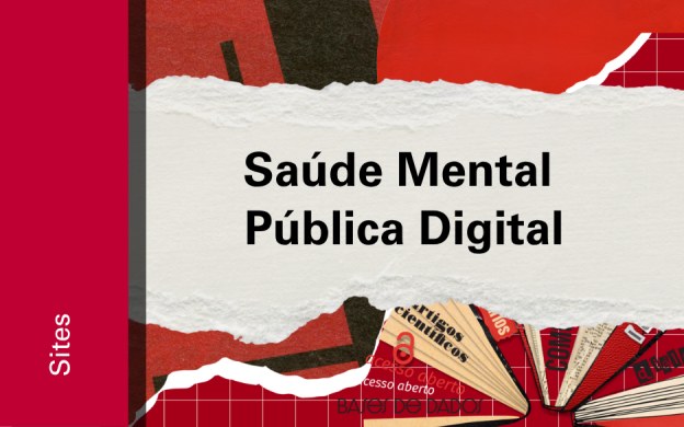 Imagem de divulgação do site da plataforma de Saúde Mental, com fundo vermelho, com ilustração e etiqueta Sites