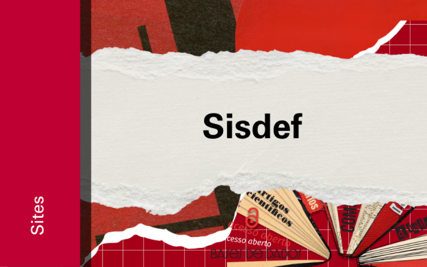 Imagem de divulgação do Sisdef, com fundo vermelho, com ilustração e etiqueta Sites