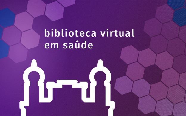 Parte do contorno do Castelo Fiocruz, com fundo roxo e desenhos hexagonais, escrito biblioteca virtual em saúde. Arte: Thays Coutinho/Ascom.
