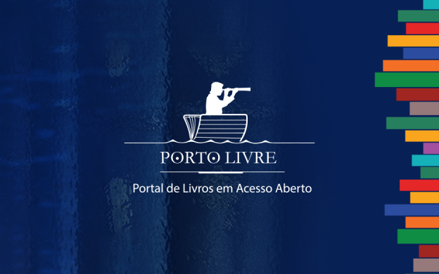 Símbolo da Porto Livre, escrito 'Portal de livros em Acesso Aberto', com fundo azul e pilha de livros coloridos à direita. Arte: Thays Coutinho/Ascom.