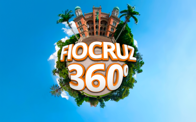 Montagem de Vera Fernandes/Ascom em arte de Bruno Oliveira/CTIC, com fundo azul, arte do Castelo, escrito Fiocruz360.