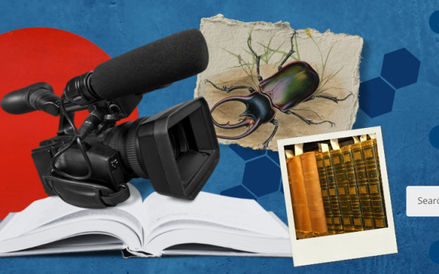 Colagem com diferentes itens do acervo do Icict, como livros, imagens e vídeos. Arte: Thays Coutinho/Ascom