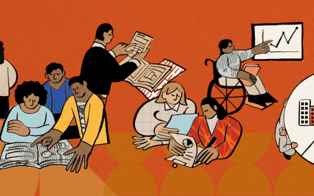 Diferentes grupos de pessoas, com livros, gráficos, conversas e materiais relacionados a ensino. Arte: Thays Coutinho/Ascom.